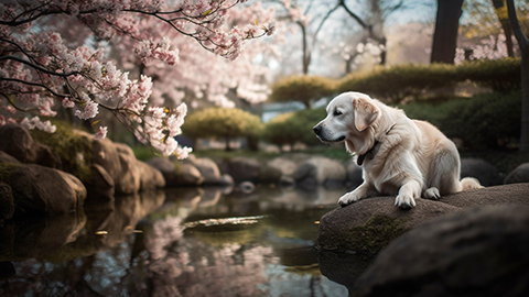 Dog_Perfect_Pointers_In_a_tranquil_Japanese_garden_your_dog_beside_a_koi