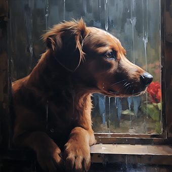 Dog_Perfect_Pointers_An_oil_painting_capturing_a_dog_gazing_at_a_raindrop
